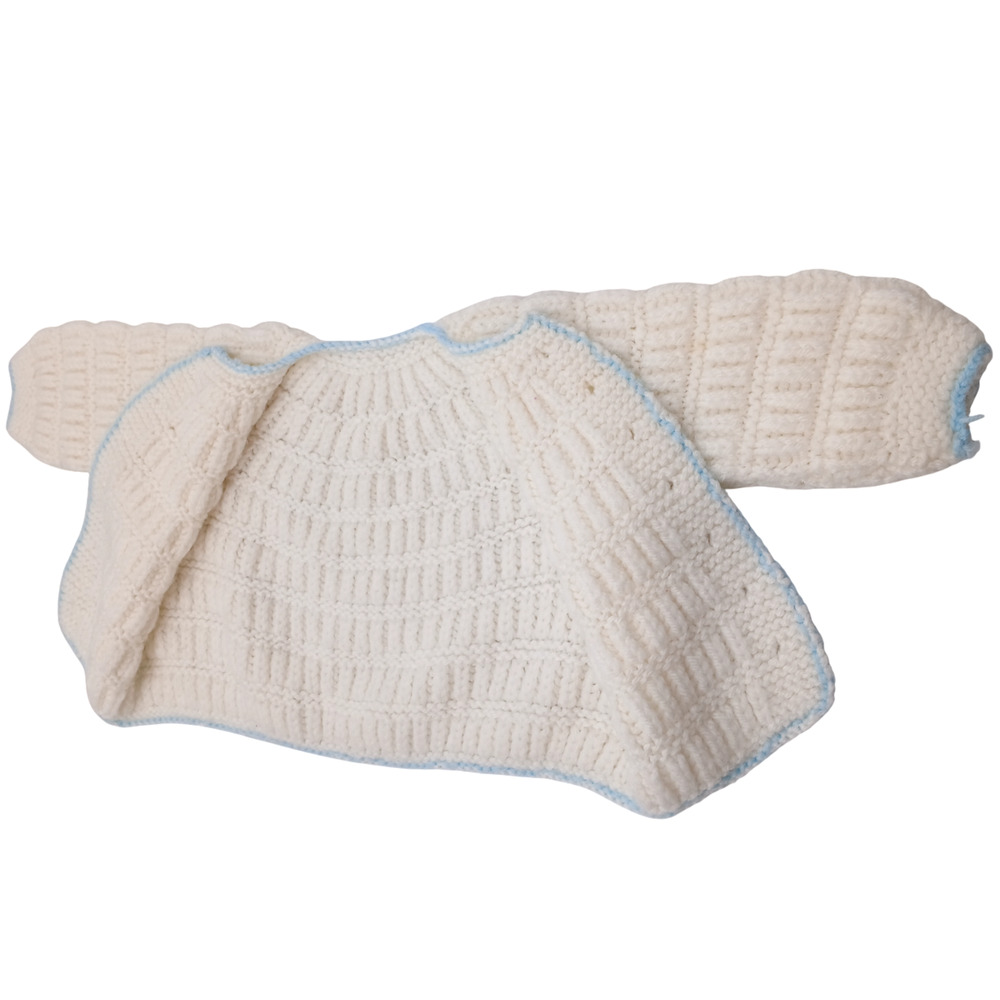 Handmade Baby Sweater White Blue Knit Button Cardigan Infant Gift Unisex